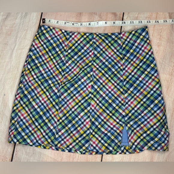 Urban Outfitters Mini Skirt Blue Plaid Size Small Seersucker  UO  Slit Preppy - Picture 2 of 7